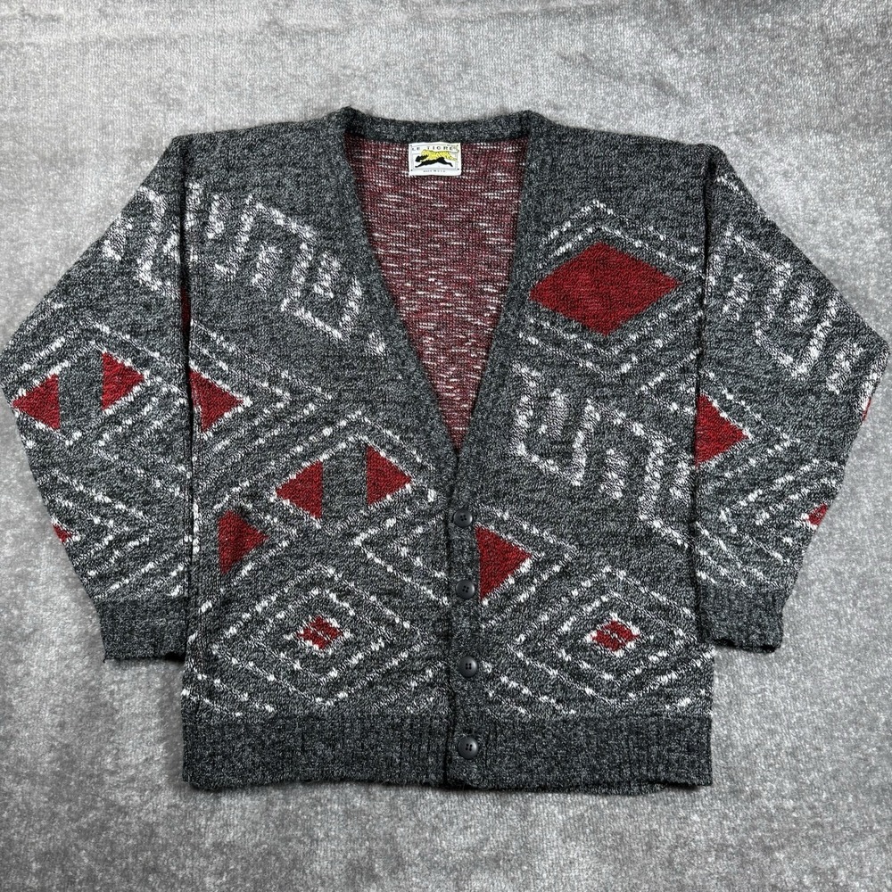 Vintage Le Tigre Cardigan‎ Men's Medium Gray Geometric V-Neck Baggy Grandpa Dad